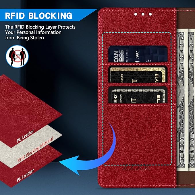 ZZXX for iPhone 14 Wallet Case with [RFID Blocking] Card Slot Kickstand Magnetic Closure Leather Flip Fold Protective Phone Case for iPhone 14 Case Wallet(Red-6.1 inch)