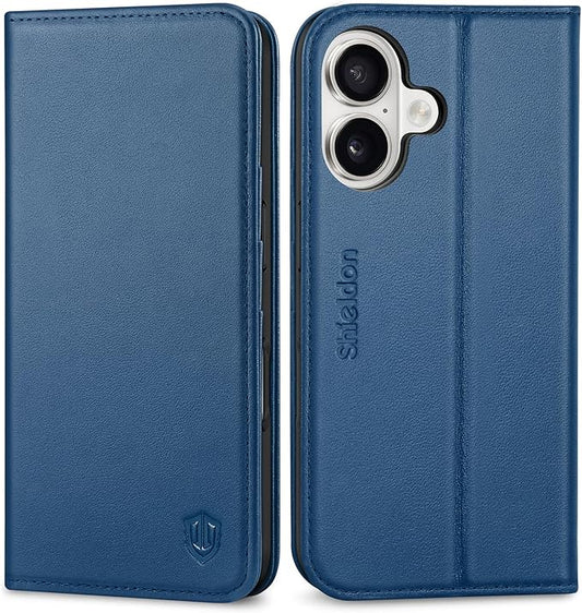 SHIELDON Case for iPhone 16 5G, Genuine Leather Wallet Case Magnetic RFID Blocking Card Holder Kickstand Shockproof Protection Cover Compatible with iPhone 16 6.1" 2024 - Nappa Royal Blue