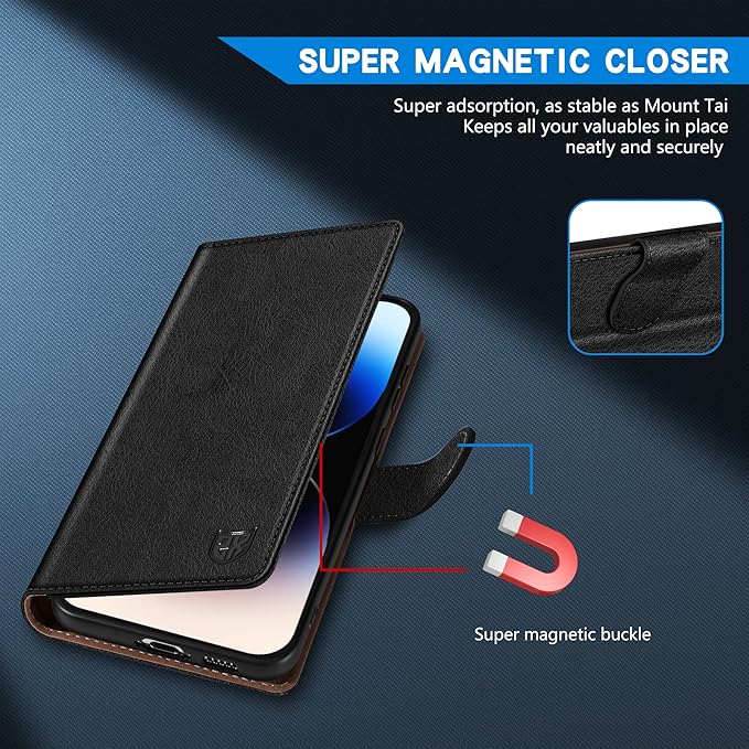 ZZXX for iPhone 14 Pro Wallet Case with [RFID Blocking] Card Slot Kickstand Magnetic Closure Leather Flip Fold Protective Phone Case for iPhone 14 Pro Case Wallet(Black-6.1 inch)