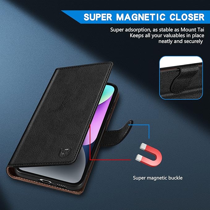 ZZXX for iPhone 15 Wallet Case with [RFID Blocking] Card Slot Kickstand Magnetic Closure Leather Flip Fold Protective Phone Case for iPhone 15 Case Wallet(Black-6.1 inch)