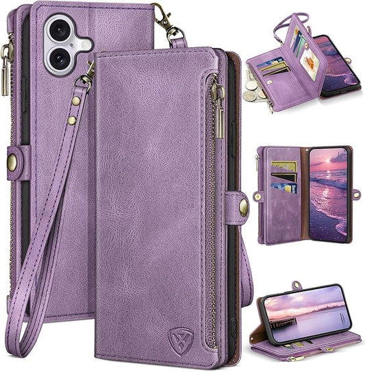 XcaseBar Compatible with iPhone 17 6.3" Wallet case with Zipper Credit Card Holder【RFID Blocking】,Flip Folio Book PU Leather Phone case Shockproof Cover Women Men for Apple 17 case Lilac Purple