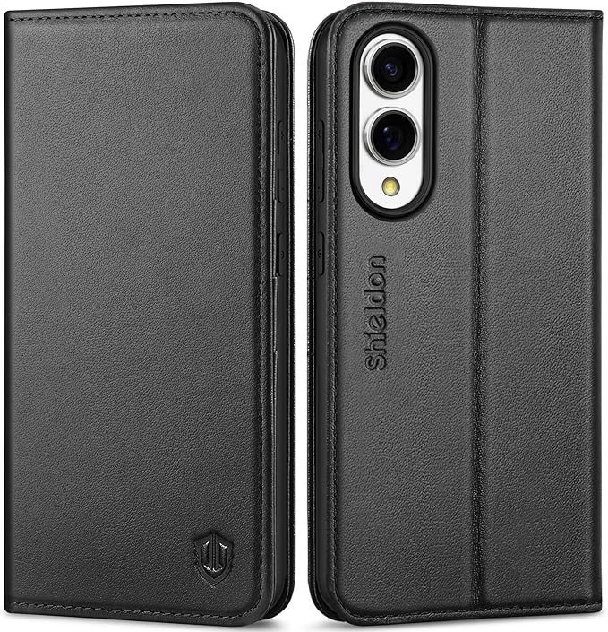 SHIELDON Case for Galaxy S25 Edge 6.7", Genuine Leather Folio Wallet Cover with Kickstand RFID Blocking Card Holder Magnetic Full Protective Case Compatible with Galaxy S25 Edge 2025 - Nappa Black