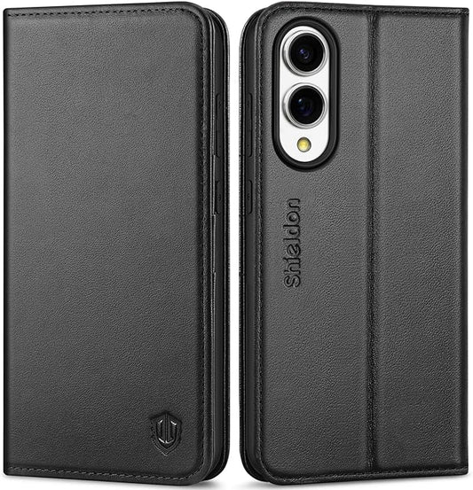 SHIELDON Case for Galaxy S25 Edge 6.7", Genuine Leather Folio Wallet Cover with Kickstand RFID Blocking Card Holder Magnetic Full Protective Case Compatible with Galaxy S25 Edge 2025 - Nappa Black