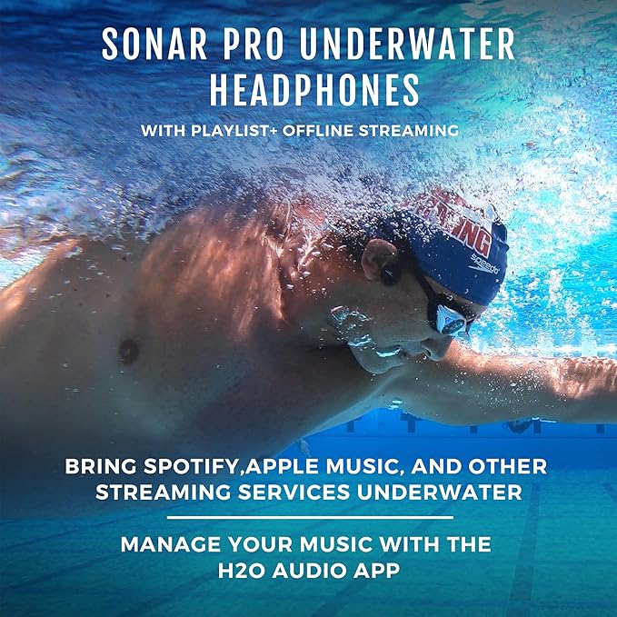 H2O Audio Sonar PRO IPX8 Waterproof Bone Conduction Headphones – Open-Ear MP3 Player with Playlist+ App for Bluetooth Streaming & Custom Playlists – 7hrs Battery for Swimming, Sports.