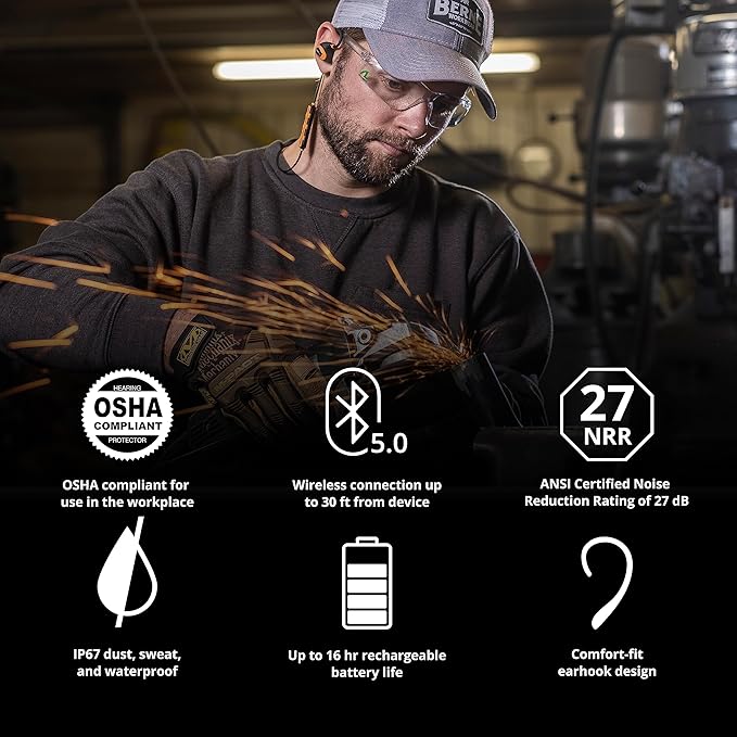 ISOtunes PRO 2.0 Bluetooth Earplug Headphones, 27 dB Noise Reduction Rating, 16+ Hour Battery, IP67 Durability, Noise Cancelling Mic, OSHA Compliant Professional Hearing Protector (Safety Orange)