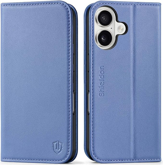 SHIELDON Wallet Case for iPhone 16 6.1", Genuine Leather Folio Magnetic Kickstand RFID Blocking Credit Card Slots Protective Phone Cover Compatible with iPhone 16 5G 2024 - Nappa Wisteria Purple