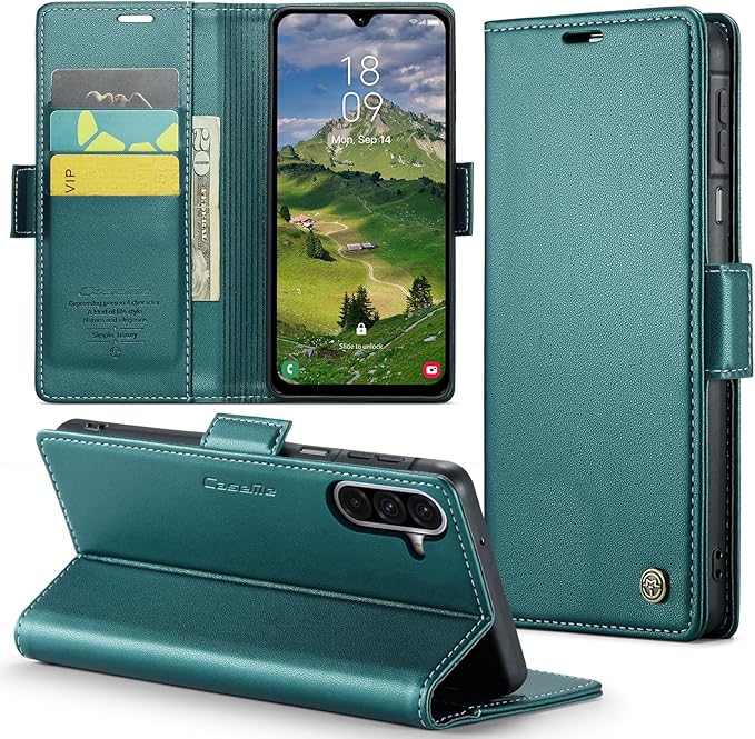for Samsung Galaxy A26 5G Case, Premium PU Leather Wallet Case Flip Cover with [RFID Blocking][Card Holder][Stand Function] Shockproof Protective for Samsung Galaxy A26, Blue-Green