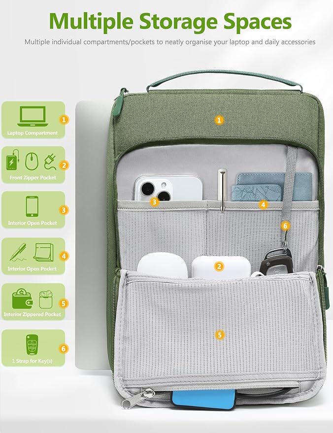 HYZUO 15-16 Inch Laptop Bag Sleeve for MacBook Pro 16 M4 M3 M2 M1 2025-2019, 15" Surface Book, Notebook Case for 15" 15.6" Dell HP Lenovo ThinkBook Asus Acer Samsung Huawei, Grass Green