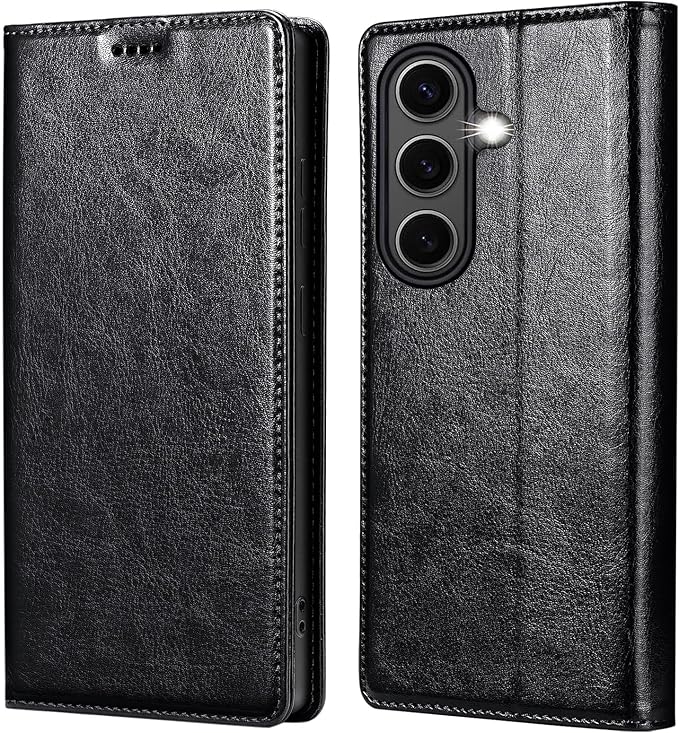 for Samsung Galaxy S25 Plus Genuine Leather Wallet Case, Built-in Card Holder [RFID Blocking] & Kickstand, Protective Shockproof Phone Case for S25 Plus, Black