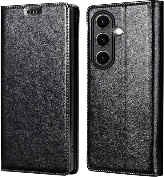 for Samsung Galaxy S25 Plus Genuine Leather Wallet Case, Built-in Card Holder [RFID Blocking] & Kickstand, Protective Shockproof Phone Case for S25 Plus, Black