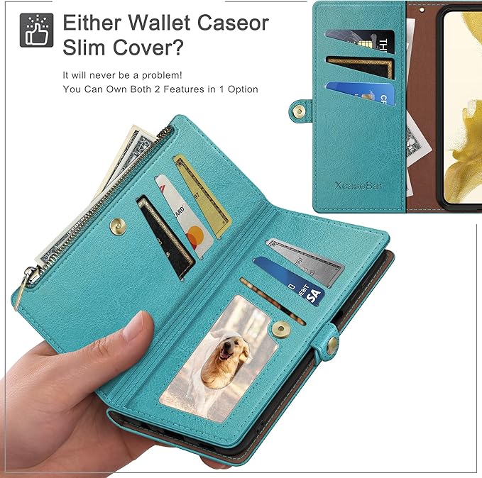 XcaseBar Compatible with iPhone 17 6.3" Wallet case with Zipper Credit Card Holder【RFID Blocking】,Flip Folio Book PU Leather Phone case Shockproof Cover Women Men for Apple 17 case Blue Green
