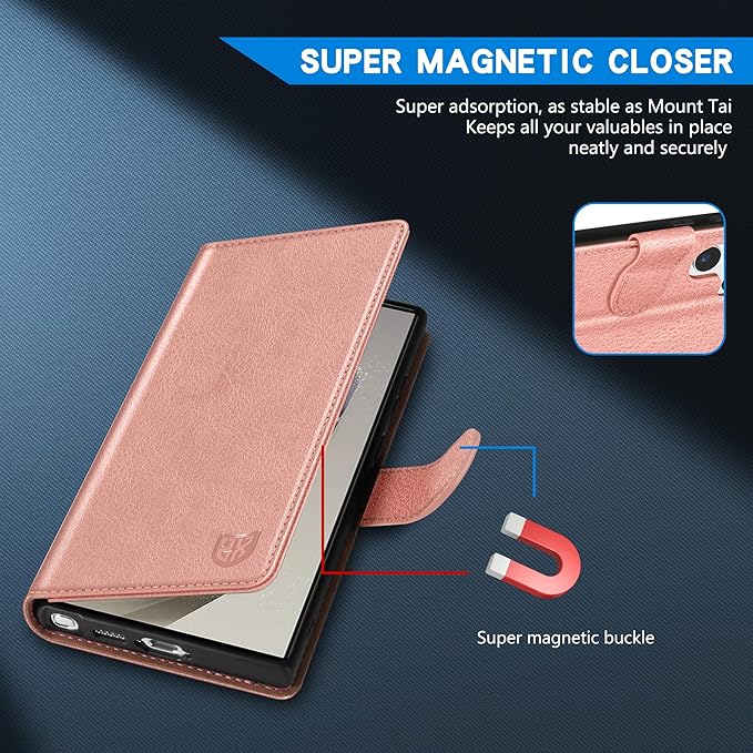 ZZXX for Samsung Galaxy S25 Ultra Wallet Case with [RFID Blocking] Card Slot Kickstand Magnetic Closure Leather Flip Fold Protective Phone Case for Galaxy S25 Ultra 5G Case Wallet(Rose Gold-6.8 inch)