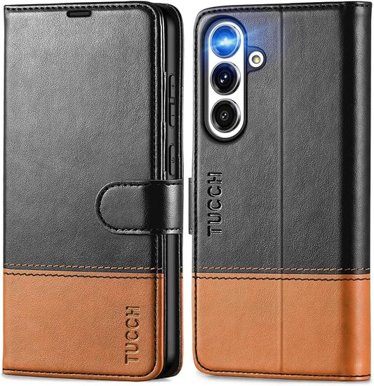TUCCH Wallet Case for Galaxy S25 Plus 5G, Magnetic PU Leather Stand [RFID Blocking] Card Slot Folio Protective Cover with TPU Shockproof Inner Shell Compatible with Galaxy S25 Plus 6.7", Black & Brown