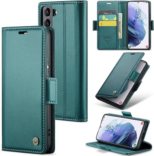 Case for Samsung Galaxy S21 Wallet Case, RFID Blocking PU Leather Flip Folio Cover Card Holder Kickstand Shockproof Phone Case Compatible with Samsung Galaxy S21, Blue Green