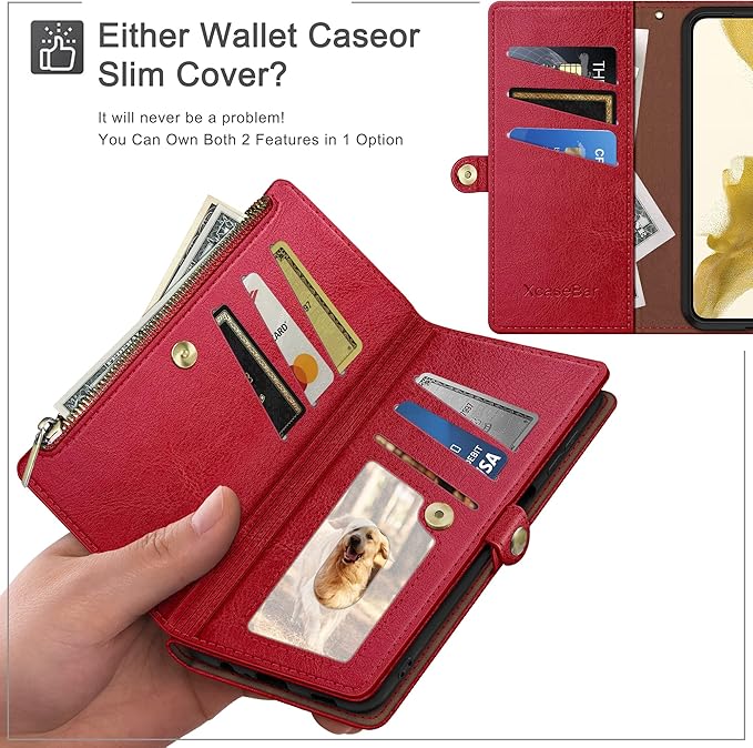 XcaseBar Compatible with Samsung Galaxy S25 Wallet case with Zipper Credit Card Holder【RFID Blocking】,Flip Folio Book PU Leather Phone case Shockproof Cover Women Men for Samsung S25 case Red