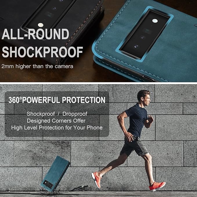 for Google Pixel 6 Pro Case, Flip Wallet Leather Case with Card Holder Magnetic Closure Shockproof Kickstand Protective Phone Cases Cover for Google Pixel 6 Pro,Blue-Green