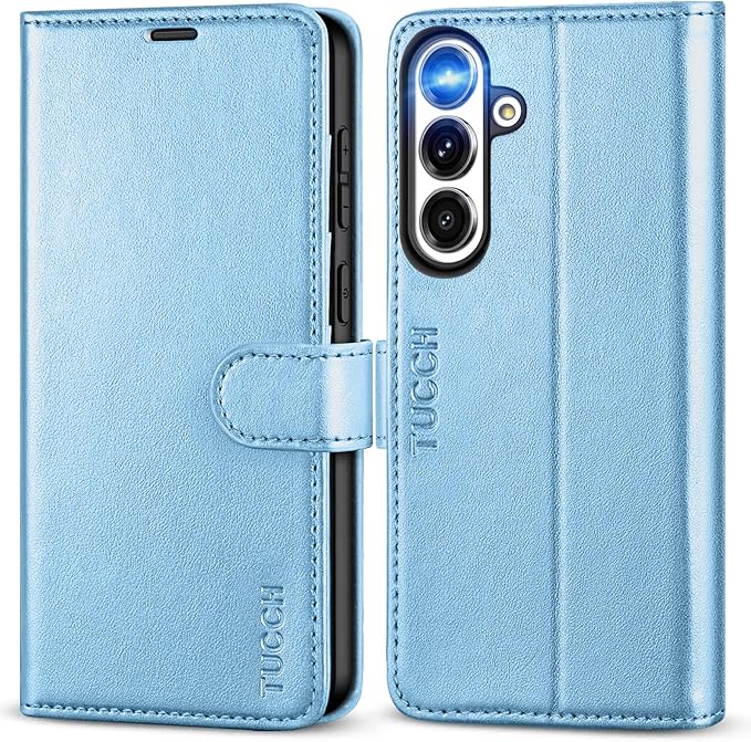 TUCCH Case Wallet for Galaxy S25 FE 5G, Magnetic PU Leather Kickstand [RFID Blocking] 4 Card Slots Flip Cover with [TPU Shockproof Interior Shell] (6.7") 2025, Pearly Light Blue