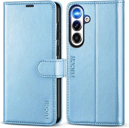 TUCCH Case Wallet for Galaxy S25 FE 5G, Magnetic PU Leather Kickstand [RFID Blocking] 4 Card Slots Flip Cover with [TPU Shockproof Interior Shell] (6.7") 2025, Pearly Light Blue