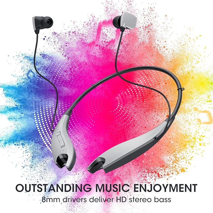 Neckband Bluetooth Headphones, Around The Neck Headphones 24H+ Playtime, Bluetooth Headsets with Call Vibration, Shark Jaw Design Wireless Earbuds+Noise Isolation/Mic/IPX7 Waterproof, Silver