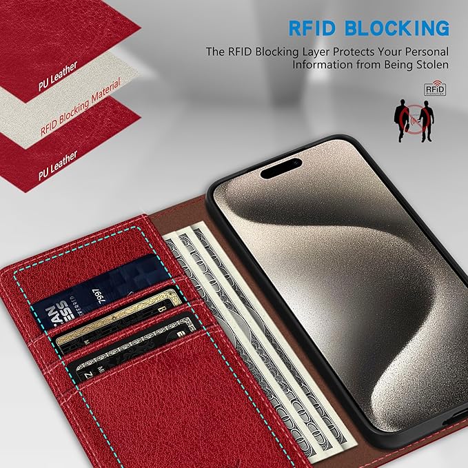 ZZXX for iPhone 15 Pro Max Wallet Case with [RFID Blocking] Card Slot Stand Strong Magnetic Leather Flip Fold Protective Phone Case for iPhone 15 Pro Max Case Wallet(Red-6.7 inch)