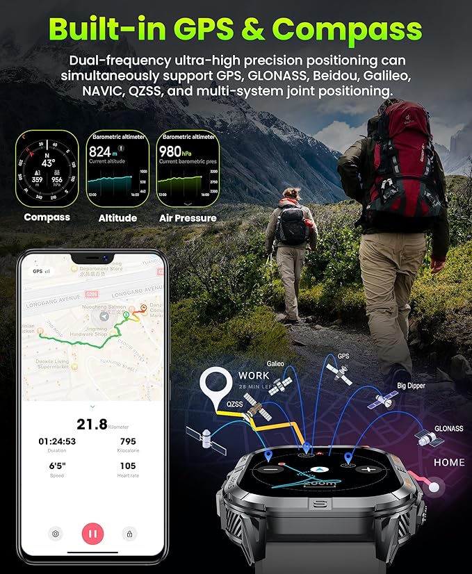 Military Smart Watch for Men Built-in GPS with LED Flashlight Compass, 2.13" AMOLED Tactical Smart Watches with Answer/Make Calls, 3ATM Waterproof Fitness Tracker for iPhone Android (Black)
