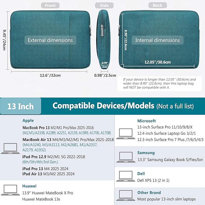 HYZUO 13 Inch Laptop Sleeve Bag Set for MacBook Air 13 M4/M3/M2/M1 2025-2018, MacBook Pro 13 M2/M1 2025-2016, iPad Pro/Air 13, XPS 13, Surface Pro, Notebook Case for 12"-13" Tablet, Dark Green