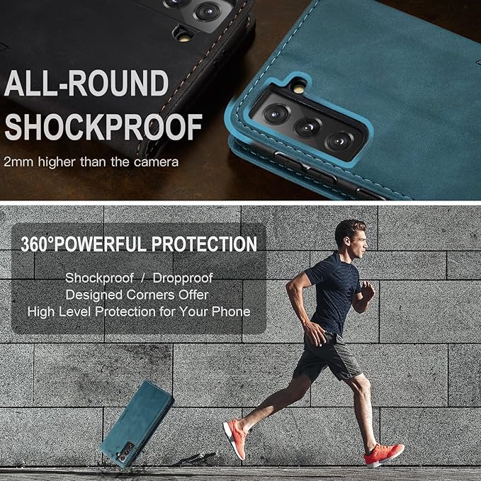 for Samsung Galaxy S21 FE Case, Flip Wallet Leather Case with Card Holder Magnetic Closure Shockproof Kickstand Protective Phone Cases Cover for Samsung S21 FE,Blue-Green