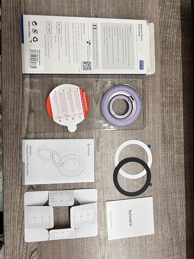 SYNCWIRE Magnetic Phone Ring Holder for MagSafe, 360° Rotation Dual Sided Magnet Grip Cell Phone Ring Stand Finger Kickstand Compatible with iPhone 16 15 14 13 12 Pro Max fits MagSafe - Purple