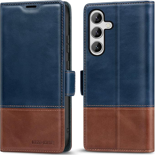 KEZiHOME for Samsung S24+ Plus 5G Case, Galaxy S24 Plus Wallet Case, Genuine Leather Flip Cover Stand RFID Blocking Card Holder Magnetic Compatible with Galaxy S24 Plus 5G (2024) (Royal Blue/Brown)