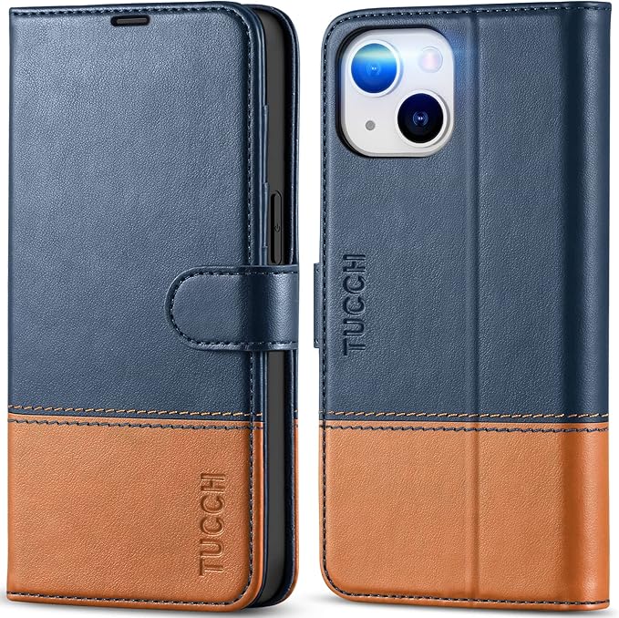 TUCCH Wallet Case for iPhone 14, [RFID Blocking] [4 Card Slots] TPU Interior Protective Case, Magnetic Folio Shockproof PU Leather Stand Flip Cover Compatible with iPhone 14 6.1 5G, Blue&Brown