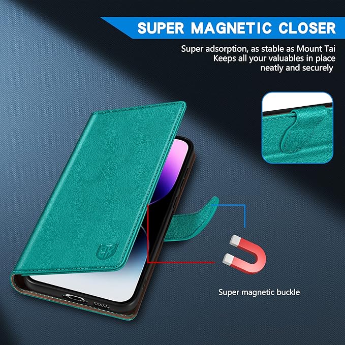 ZZXX for iPhone 14 Pro Max Wallet Case with [RFID Blocking] Card Slot Kickstand Magnetic Closure Leather Flip Fold Protective Phone Case for iPhone 14 Pro Max Case Wallet(Lake Blue-6.7 inch)