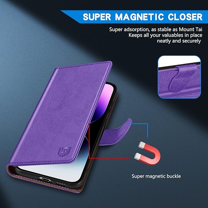 ZZXX for iPhone 14 Pro Max Wallet Case with [RFID Blocking] Card Slot Kickstand Magnetic Closure Leather Flip Fold Protective Phone Case for iPhone 14 Pro Max Case Wallet(Purple-6.7 inch)
