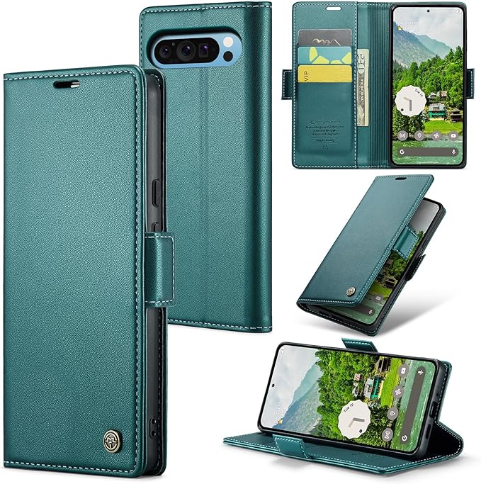 for Google Pixel 9 Pro XL Case, Premium PU Leather Wallet Case Flip Cover with [RFID Blocking][Card Holder][Stand Function] Shockproof Protective for Google 9 Pro XL, Blue-Green