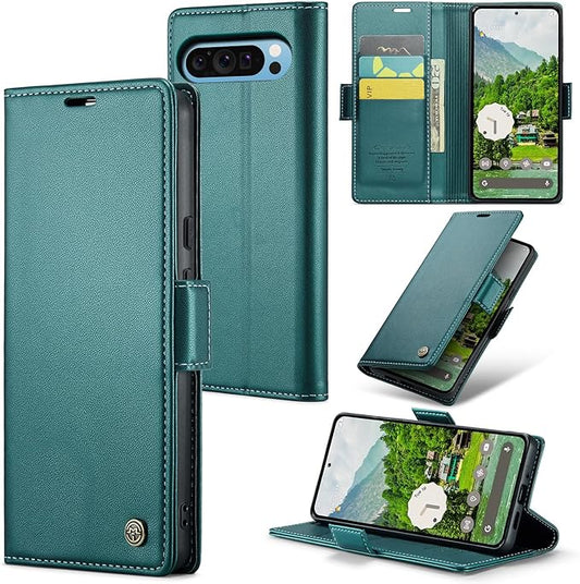 for Google Pixel 9 Pro XL Case, Premium PU Leather Wallet Case Flip Cover with [RFID Blocking][Card Holder][Stand Function] Shockproof Protective for Google 9 Pro XL, Blue-Green