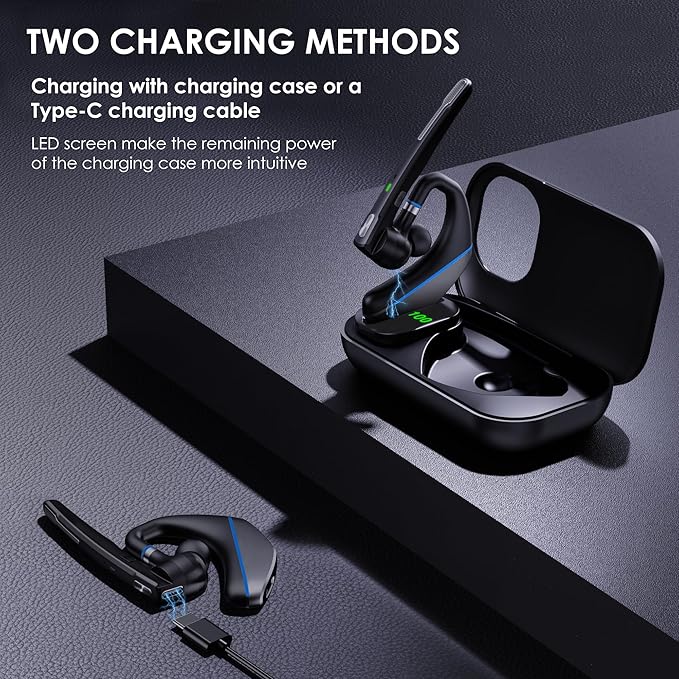 Bluetooth Headset V5.3, Wireless Earpiece with 1000mAh Charging Case, 96H Talktime, Hands Free Noise Canceling Headphones with Dual-Mic for Computer Cell Phones Trucker Home Work (Blue)