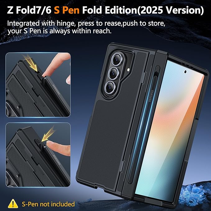 Oterkin for Samsung Galaxy Z Fold 6 Case Built-in Screen Protector [Thinner S Pen Holder & Kickstand] [Hinge Protection] Full Body Shockproof Phone Case for Z Fold 6, Black