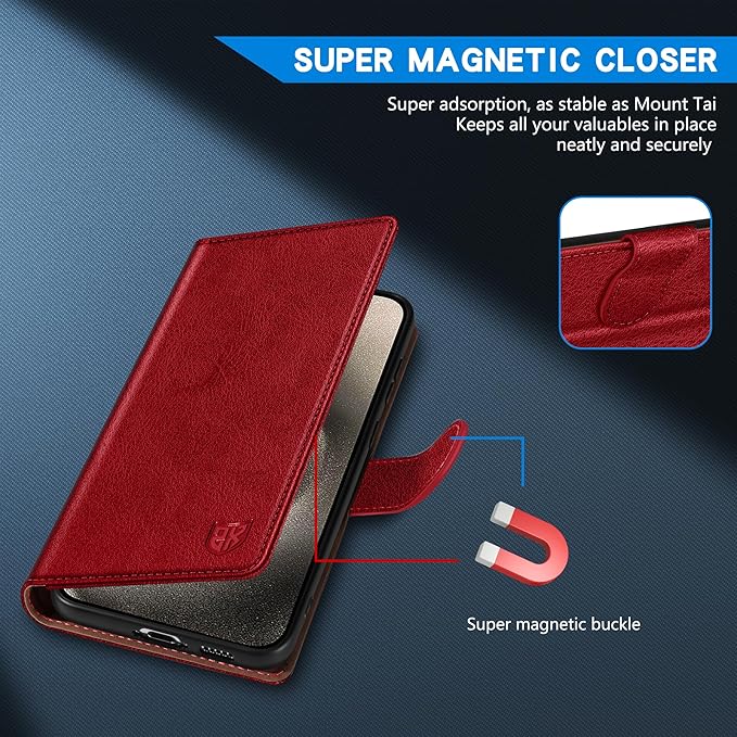 ZZXX for iPhone 15 Plus Wallet Case with [RFID Blocking] Card Slot Kickstand Magnetic Closure Leather Flip Fold Protective Phone Case for iPhone 15 Plus Case Wallet(Red-6.7 inch)