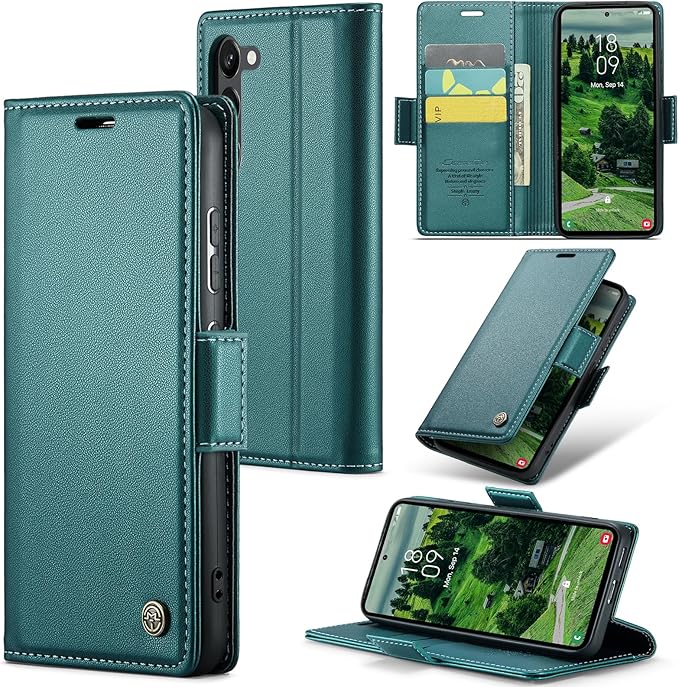 Case for Samsung Galaxy S24 Wallet Case, RFID Blocking PU Leather Flip Folio Cover Card Holder Kickstand Shockproof Phone Case Compatible with Samsung Galaxy S24, Blue Green