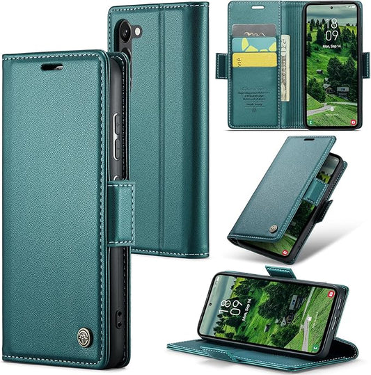 Case for Samsung Galaxy S24 Wallet Case, RFID Blocking PU Leather Flip Folio Cover Card Holder Kickstand Shockproof Phone Case Compatible with Samsung Galaxy S24, Blue Green