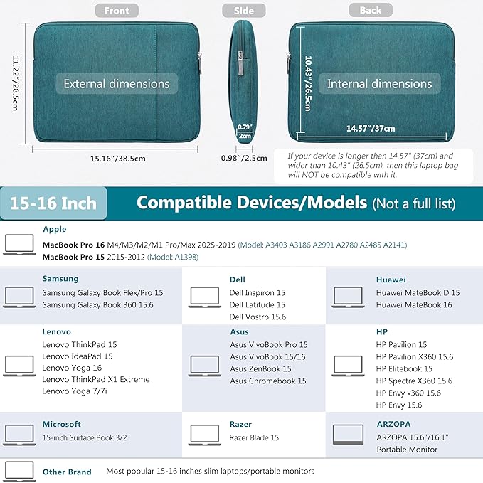 HYZUO 15-16 Inch Laptop Sleeve Bag Set for MacBook Pro 16 M4/M3/M2/M1 Pro/Max, 15" Surface Book, Notebook Case for 15" 15.6" HP Dell Lenovo ThinkBook Asus Acer Samsung Huawei, Dark Green