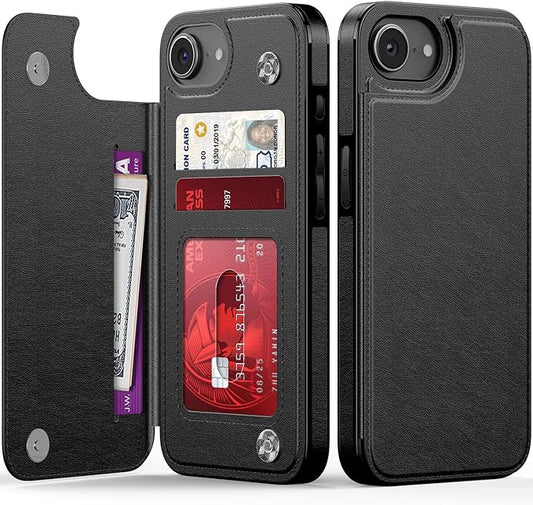 FUNMIKO for iPhone 16e Wallet Case with Card Holder, RFID-Blocking, Military-Grade Protection & UV-Printed Artwork, Magnetic Closure with Leather Kickstand - Black