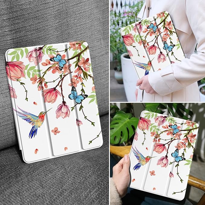 MEEgoodo Case for Samsung Galaxy Tab A9 Plus 11 inch Cover 2024 2023 with S Pen Holder, A9+ Smart Tablet Cases with Leather Trifold Stand+Soft TPU Back Shell+Smart Auto Wake/Sleep, Birds & Flowers