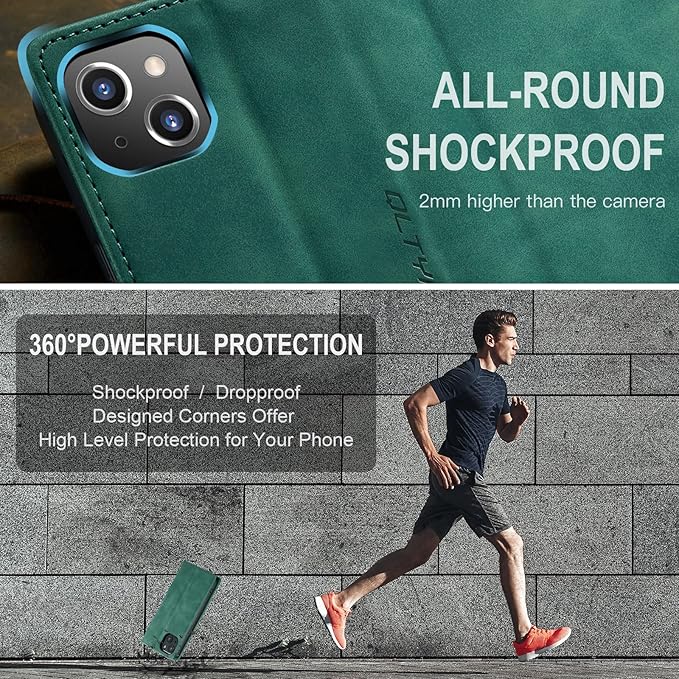 QLTYPRI Case for iPhone 14, Vintage PU Leather Wallet Case Card Slot Kickstand Magnetic Closure Shockproof Flip Folio Book Case Cover for iPhone 14(6.1 inch) - Dark Green