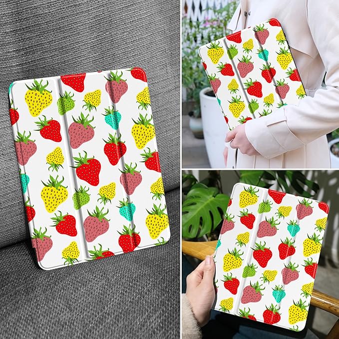 MEEgoodo Case for Samsung Galaxy Tab A9 Plus 11 inch Cover 2024 2023 with S Pen Holder,A9+ Smart Tablet Cases with Leather Trifold Stand+Soft TPU Back Shell+Smart Auto Wake/Sleep,Colorful Strawberries