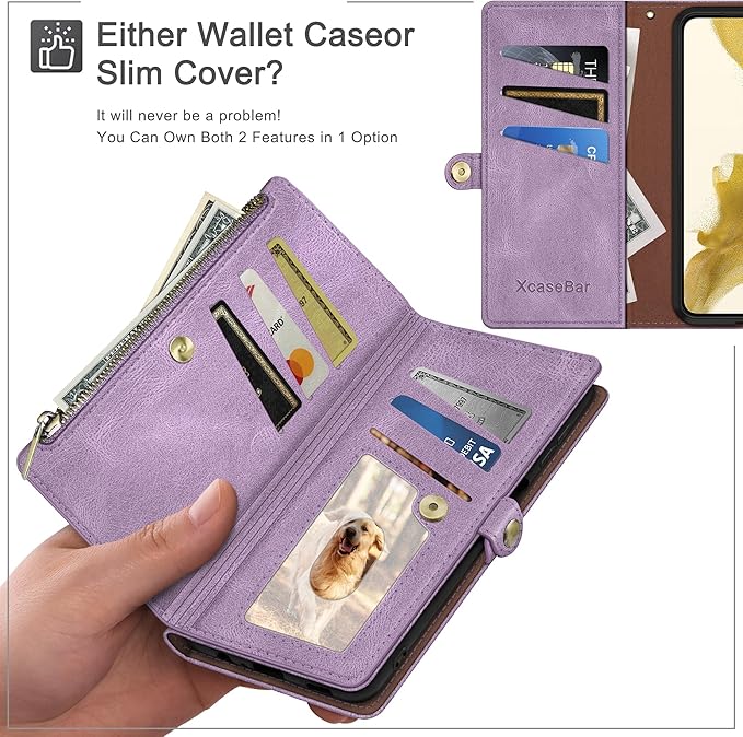 XcaseBar compatible with Samsung Galaxy S25 Wallet case with Zipper Credit Card Holder【RFID Blocking】,Flip Folio Book PU Leather Phone case Shockproof Cover Women Men for Samsung S25 case Lilac Purple