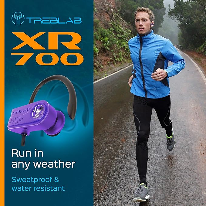 TREBLAB XR700 Wireless Earbuds - Bluetooth 5.0, IPX7 Waterproof, Noise Cancelling, Adjustable Earhooks, 9H Battery, Deep Bass, Mic - Sports Running Headphones for Workouts, Gym, Travel