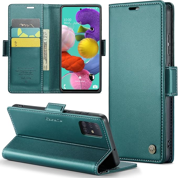 for Samsung Galaxy A51 4G Case, Premium PU Leather Wallet Case Flip Cover with [RFID Blocking][Card Holder][Stand Function] for Samsung Galaxy A51 4G (Non 5G Version), Blue-Green
