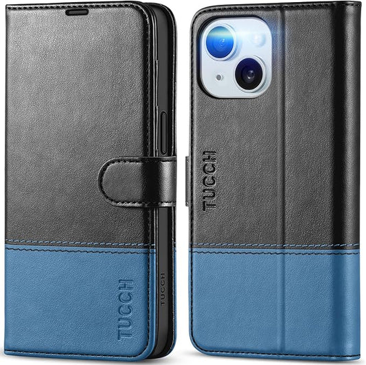 TUCCH Case Wallet for iPhone 15 6.1", Protective [TPU Shockproof Inner Shell], PU Leather [RFID Blocking] [4 Card Holder] Magnetic Closure Stand Cover Compatible with iPhone 15 6.1", Black&Light Blue