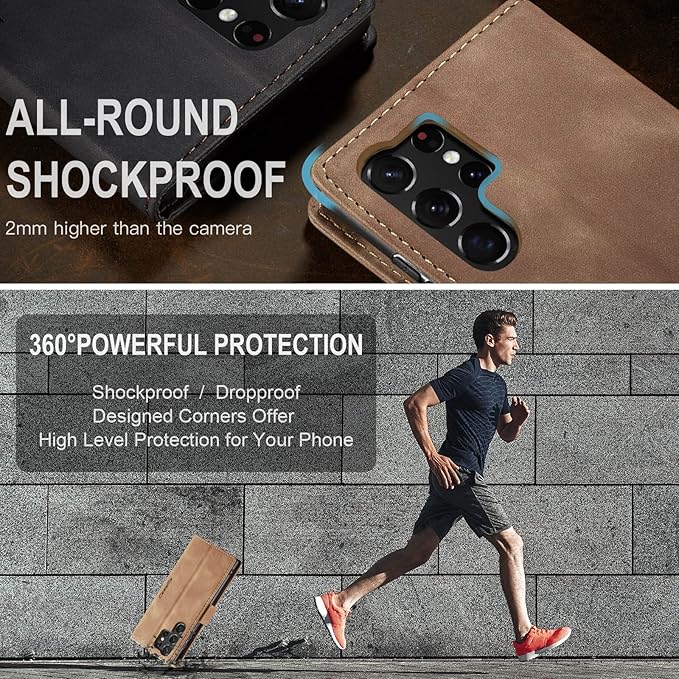 SINIANL for Samsung Galaxy S23 Ultra Leather Case, Vintage Wallet Case Book Folding Flip Case with Kickstand Card Holders Slots Protective Cover for Galaxy S23 Ultra Brown