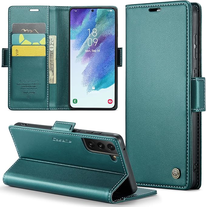 Case for Samsung Galaxy S21 FE Wallet Case, RFID Blocking PU Leather Flip Folio Cover Card Holder Kickstand Shockproof Phone Case Compatible with Samsung Galaxy S21 FE, Blue Green